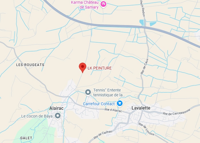 Localisation LK PEINTURE Alairac - Carte France Carte localisant LK PEINTURE près de Les Rougeats, Alairac et Lavalette, avec Karma Château de Samary au nord.