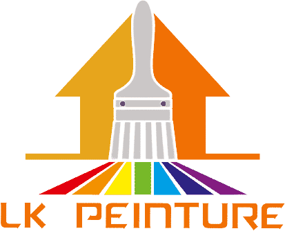 Logo LK Peinture : Pinceau appliquant un spectre arc-en-ciel de couleurs sous une forme de maison orangée, symbolisant la rénovation et la peinture.