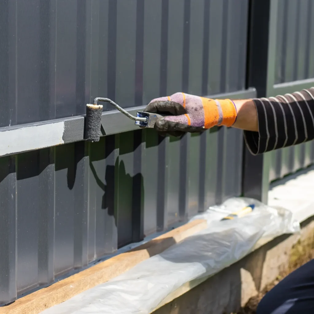Rénovation de clôture : Peindre le métal gris au rouleau. Entretien extérieur : main gantée peignant une traverse de clôture en métal gris foncé avec un petit rouleau. Travaux de rénovation du portail.