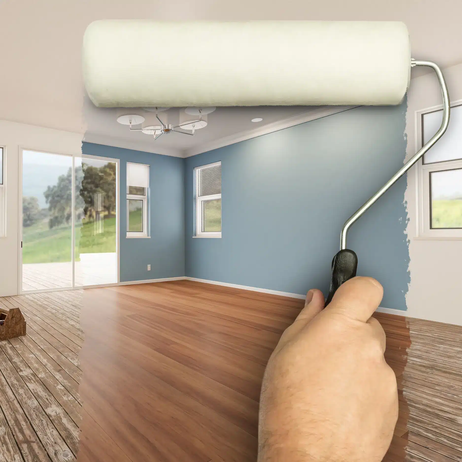 Peintre avec rouleau à peinture : préparation travaux Gros plan sur la main d'un peintre portant un gant blanc, tenant fermement le manche d'un rouleau à peinture neuf, en préparation d'une rénovation.